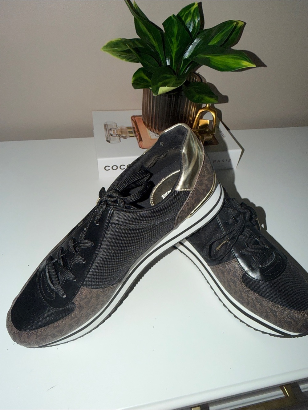 Women’s MICHAEL Michael Kors Black, Brown and Gold Low-Top Logo Sneakers